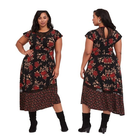 torrid Dresses & Skirts - Torrid Midi Studio Knit Asymmetrical Black Flowers Dress Plus Size 1 (1X)